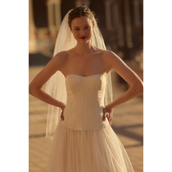 NWT Anthropologie BHLDN Strapless ALine White Satin TulleSkirt Midi Dress Size M - Picture 5 of 16